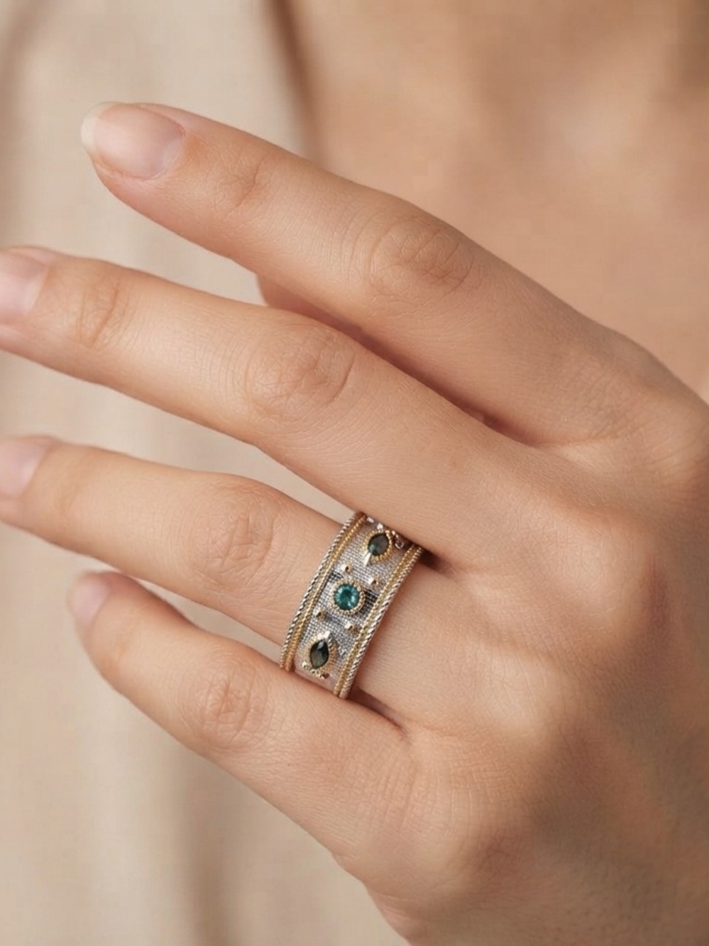 Gold Silver Green Gemstone Ring Mixed Metals Abstract Stacking
